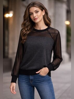 A|X Armani Exchange Black Sheer Mesh Shimmer Top Size M